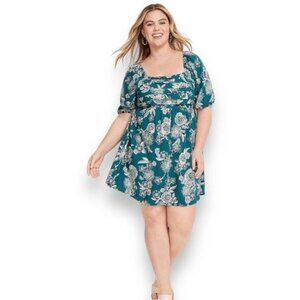 Maurice’s Plus Size Teal Floral Pleated Puff Sleeve Mini Dress, size 2X